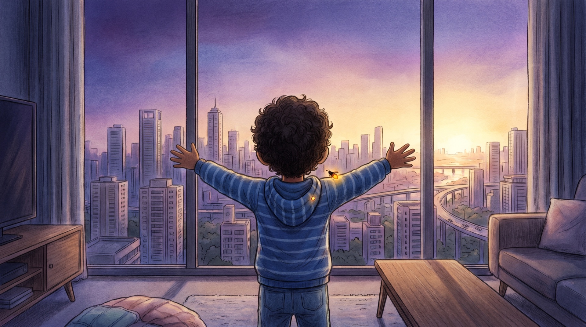 A child standing confidently at dawn with a firefly on their shoulder