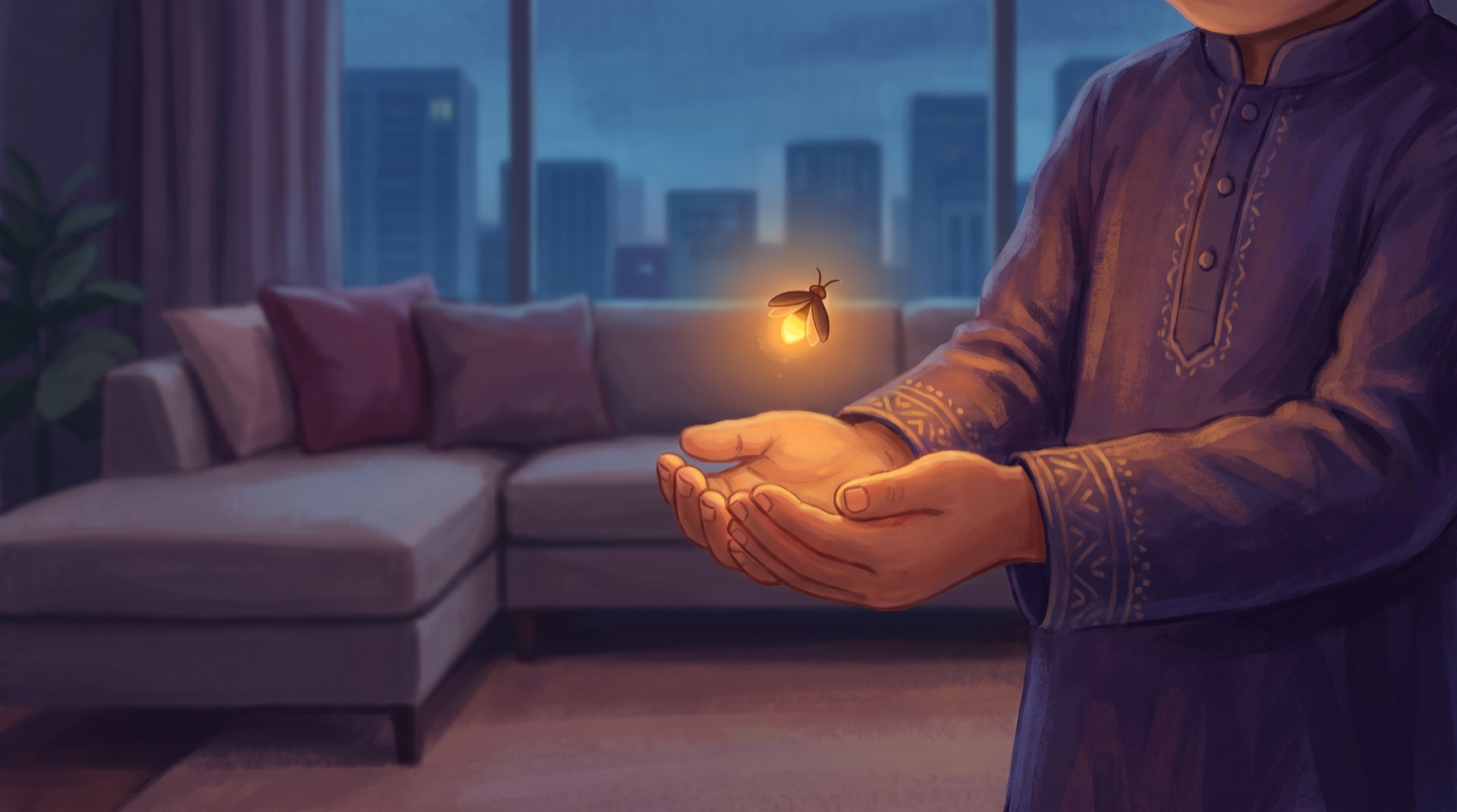 A child's cupped hands with a single firefly hovering above them