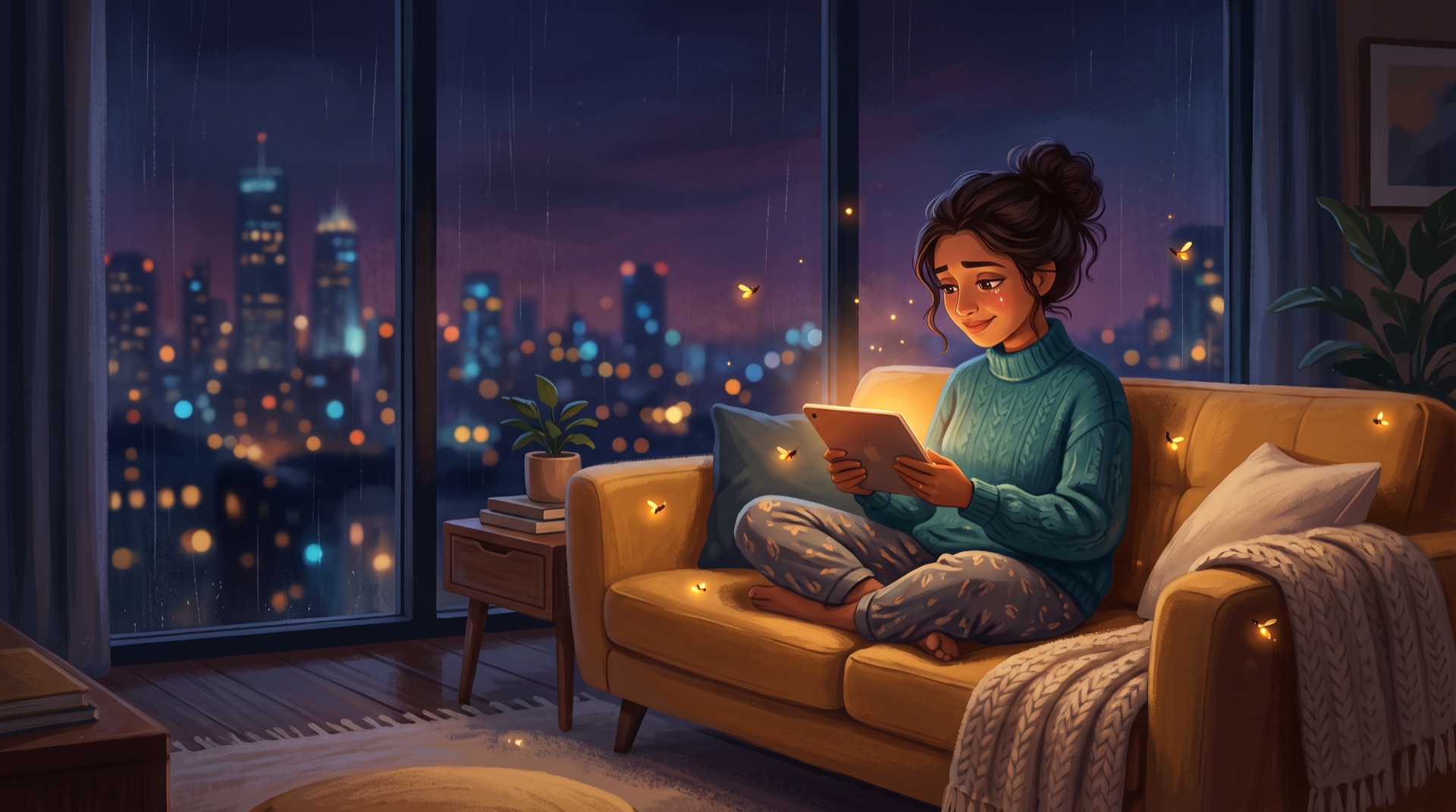 A parent reading softly glowing pages by lamplight at night